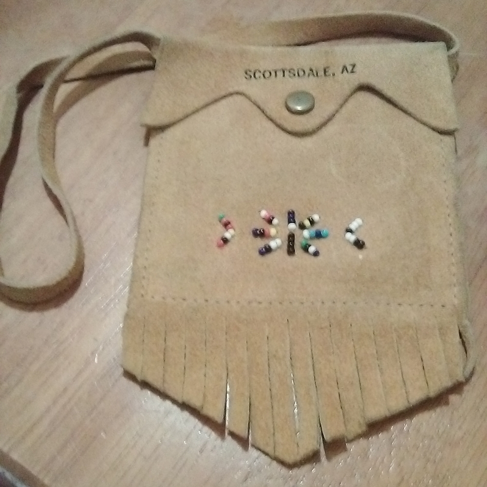 VINTAGE 80's Genuine Suede Beaded Pouch Purse,NEW